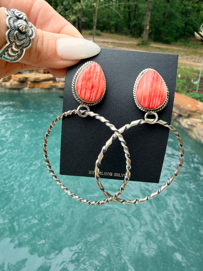Native Made by Elouise Kee Red Spiny Oyster & Sterling Silver Post Dangle Earrings