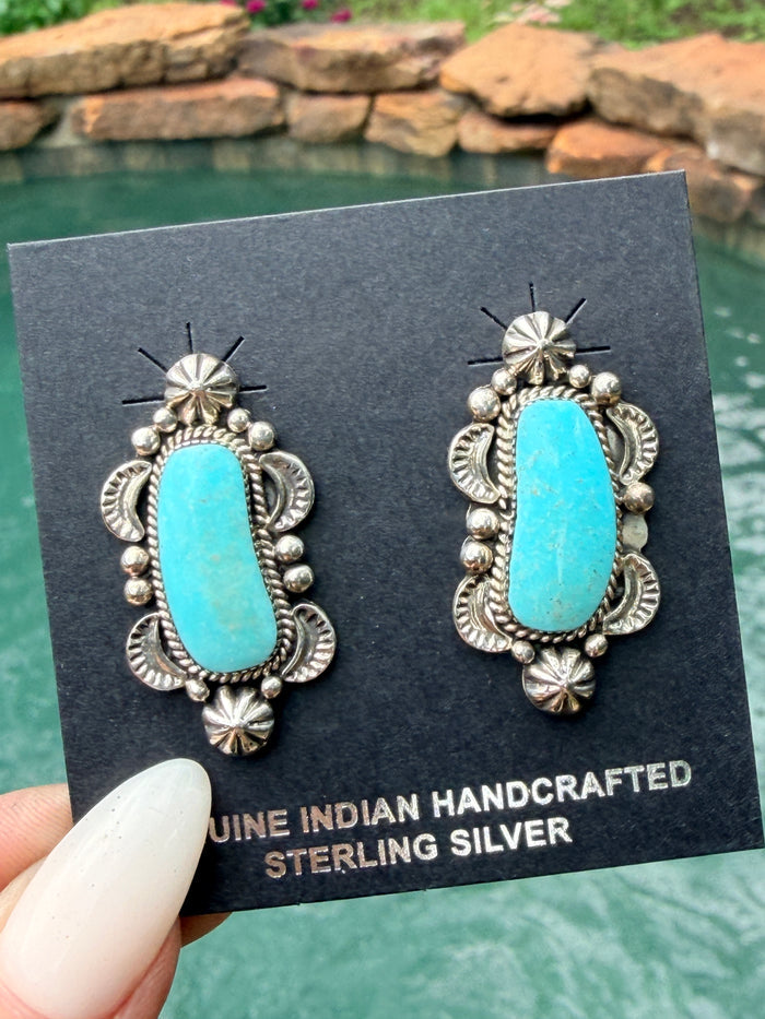 Native Made Detailed Sterling Silver and Turquoise Post Earrings by Sadie Jim