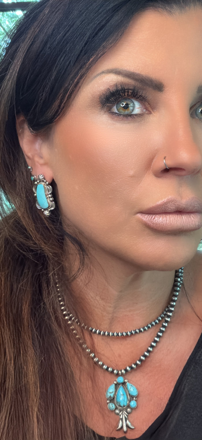 Native Made Detailed Sterling Silver and Turquoise Post Earrings by Sadie Jim