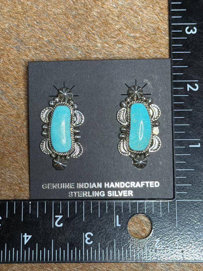 Native Made Detailed Sterling Silver and Turquoise Post Earrings by Sadie Jim