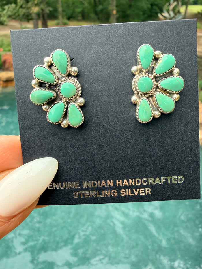 Native Made Green Turquoise Cluster Sterling Silver Post Earrings by Alicia Wilson