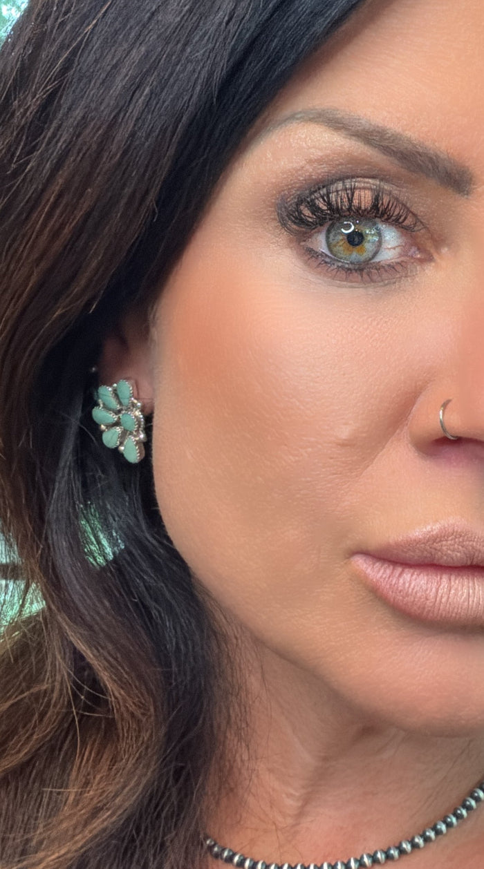 Native Made Green Turquoise Cluster Sterling Silver Post Earrings by Alicia Wilson