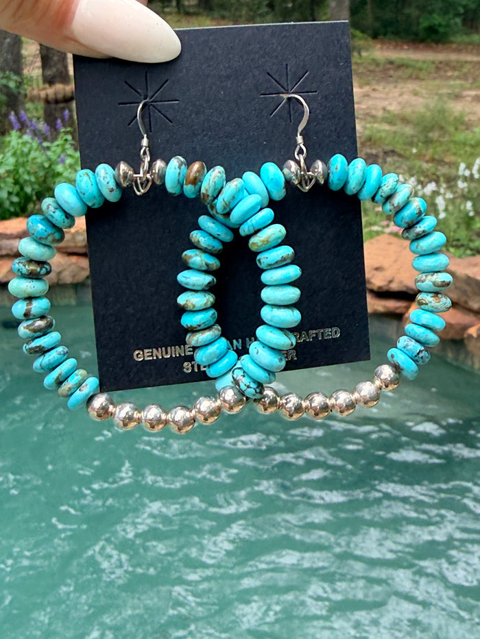 Native Made Hoops featuring 8mm Rondelle Turquoise with 6mm Sterling Silver Beads