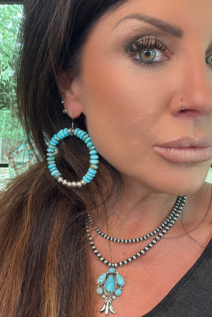 Native Made Hoops featuring 8mm Rondelle Turquoise with 6mm Sterling Silver Beads