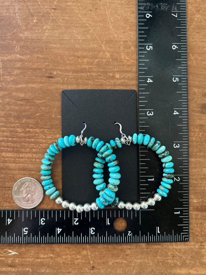 Native Made Hoops featuring 8mm Rondelle Turquoise with 6mm Sterling Silver Beads