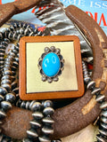 Native Made Kingman Turquoise and Sterling Silver Detailed Ring By Arlene Lewis Size 7
