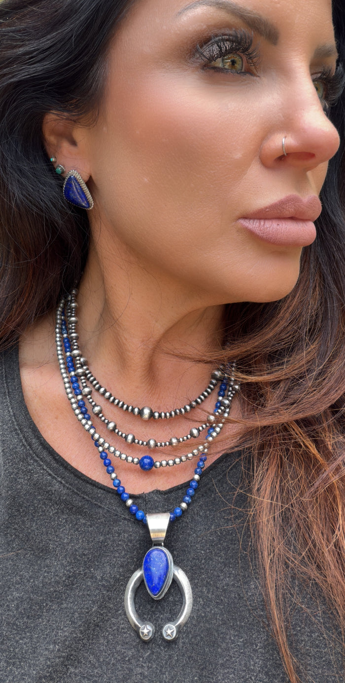 Native Made Lapis and Sterling Silver 4mm Pearl Necklace 20”