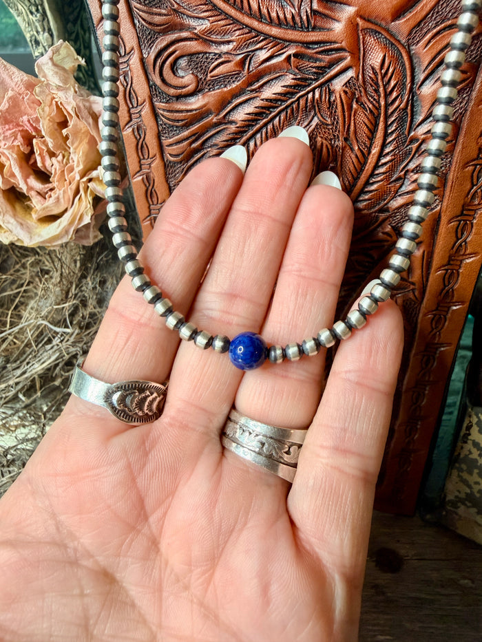 Native Made Lapis and Sterling Silver 4mm Pearl Necklace 20”
