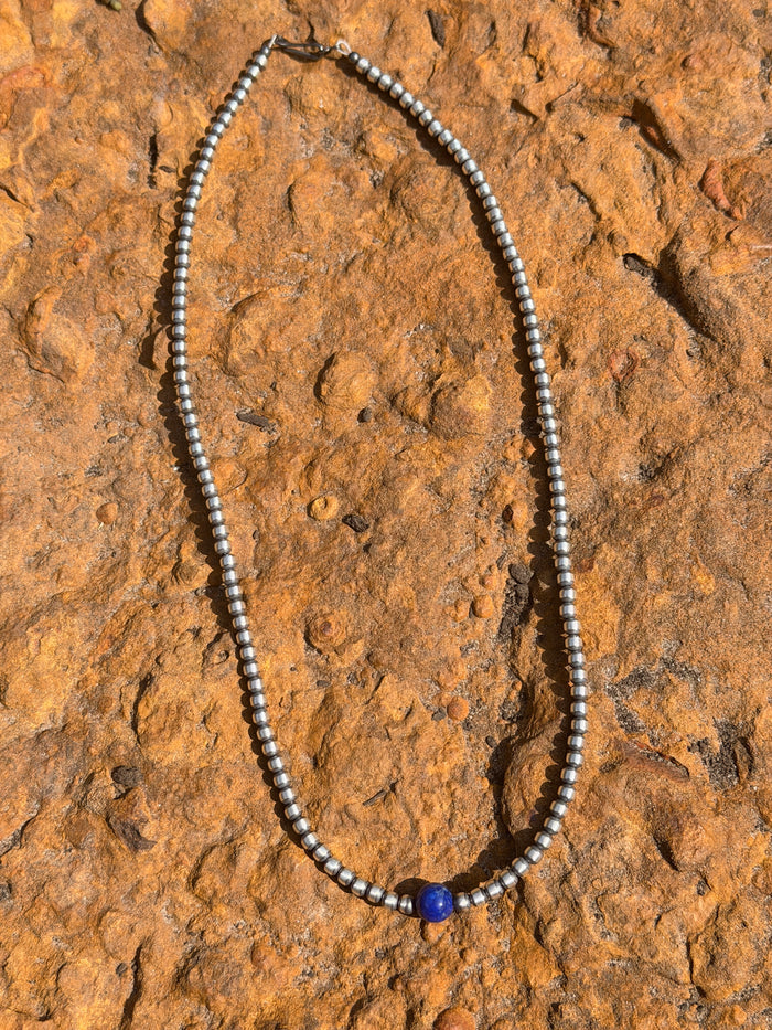 Native Made Lapis and Sterling Silver 4mm Pearl Necklace 20”