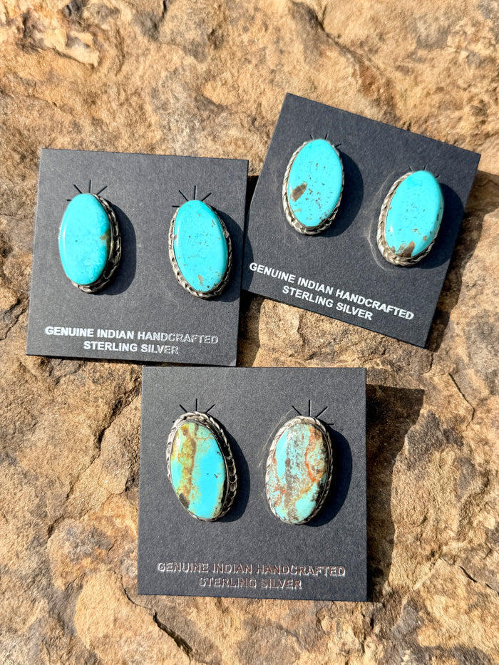 Native Made Large Oval Turquoise Post Earrings By Mike Dedman