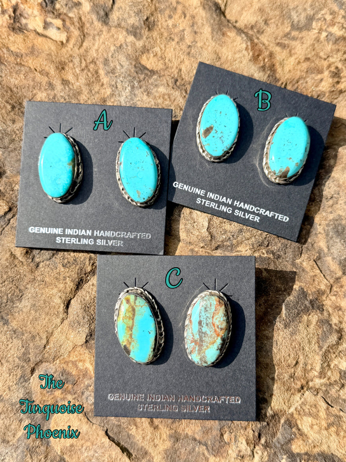 Native Made Large Oval Turquoise Post Earrings By Mike Dedman