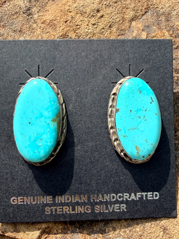 Native Made Large Oval Turquoise Post Earrings By Mike Dedman