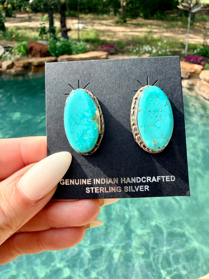 Native Made Large Oval Turquoise Post Earrings By Mike Dedman
