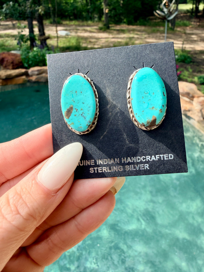 Native Made Large Oval Turquoise Post Earrings By Mike Dedman