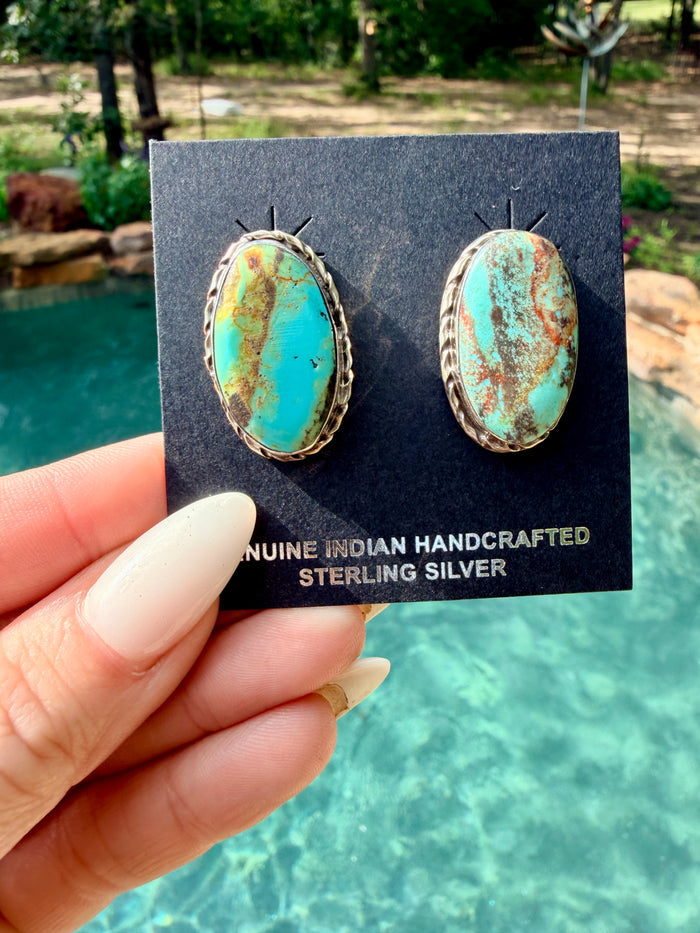 Native Made Large Oval Turquoise Post Earrings By Mike Dedman