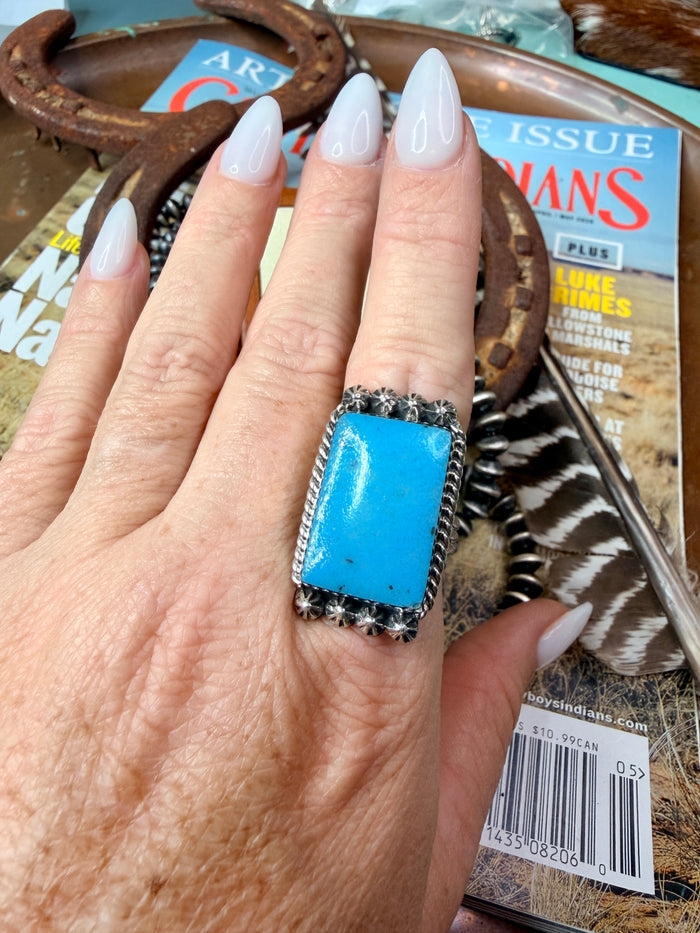 Native Made Large Turquoise Rectangular Ring with Starburst size 9