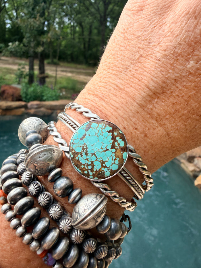 Native Made Mine Number 8 Turquoise Cuff with Sterling Silver Design