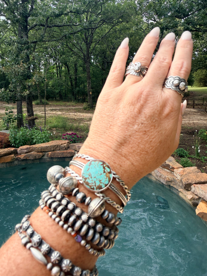 Native Made Mine Number 8 Turquoise Cuff with Sterling Silver Design
