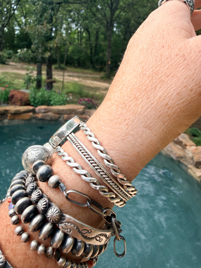 Native Made Mine Number 8 Turquoise Cuff with Sterling Silver Design