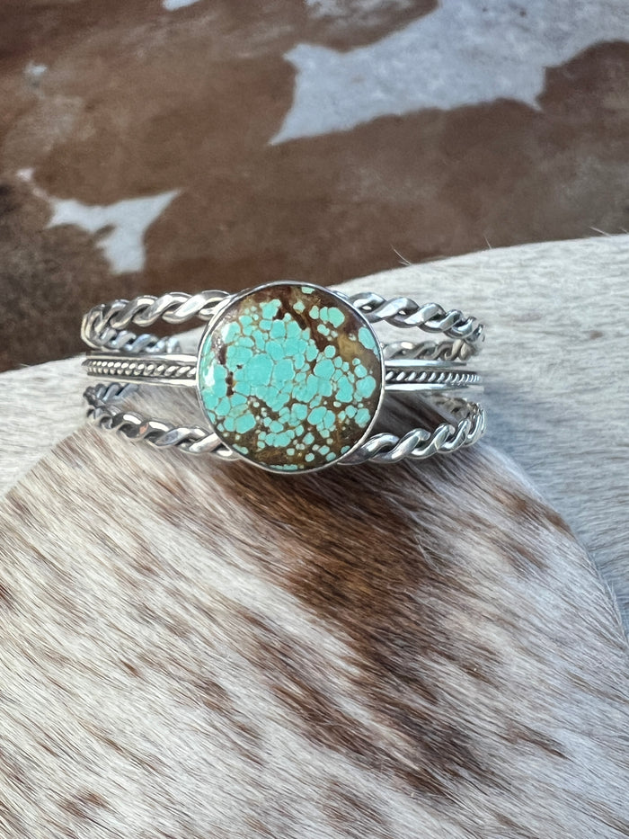 Native Made Mine Number 8 Turquoise Cuff with Sterling Silver Design