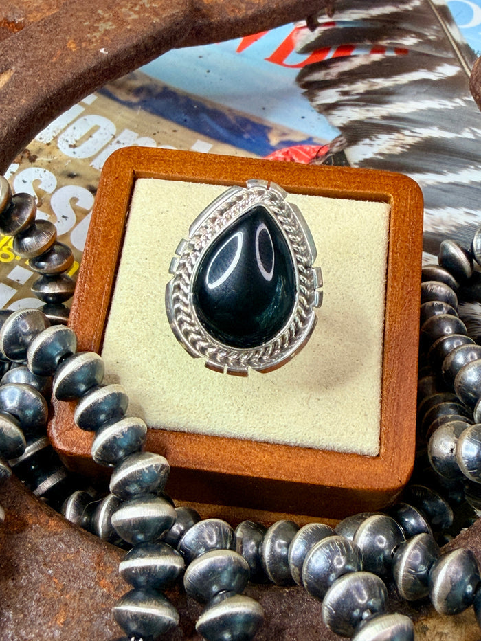 Native Made Onyx & Sterling Silver Ring by Samuel Yellowhair - Size 6