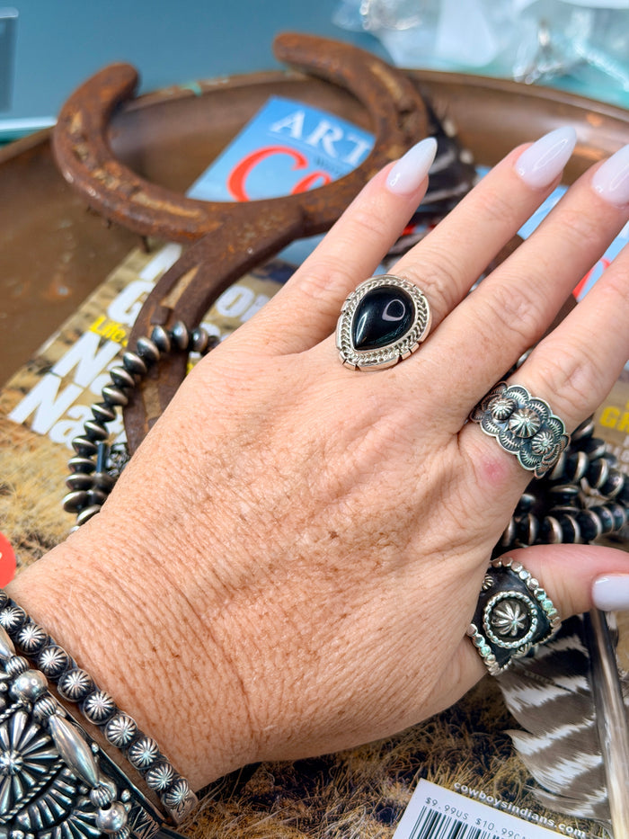 Native Made Onyx & Sterling Silver Ring by Samuel Yellowhair - Size 6