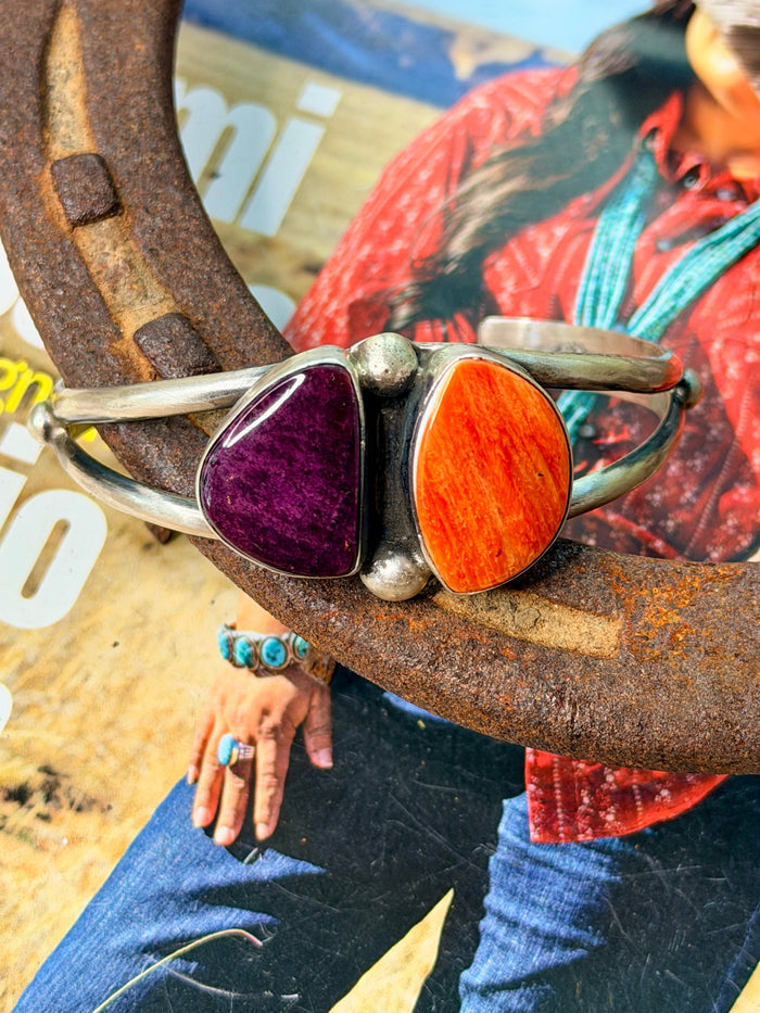 Native Made Purple and Orange Spiny 2 Stone Cuff by Augustine Largo