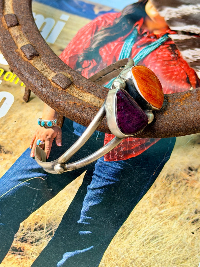 Native Made Purple and Orange Spiny 2 Stone Cuff by Augustine Largo