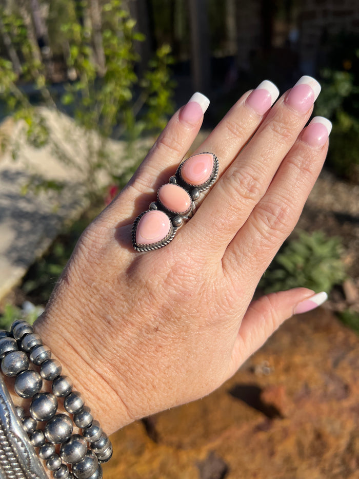 Native Made Queen Pink Conch and Sterling Silver Adjustable Ring by Tia Long