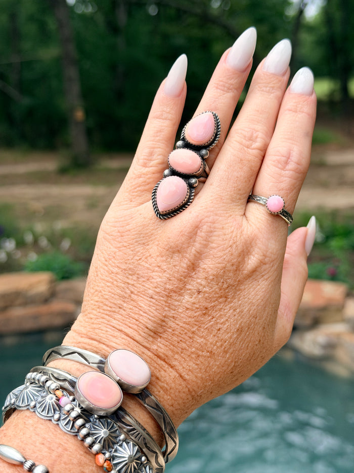 Native Made Queen Pink Conch and Sterling Silver Adjustable Ring by Tia Long