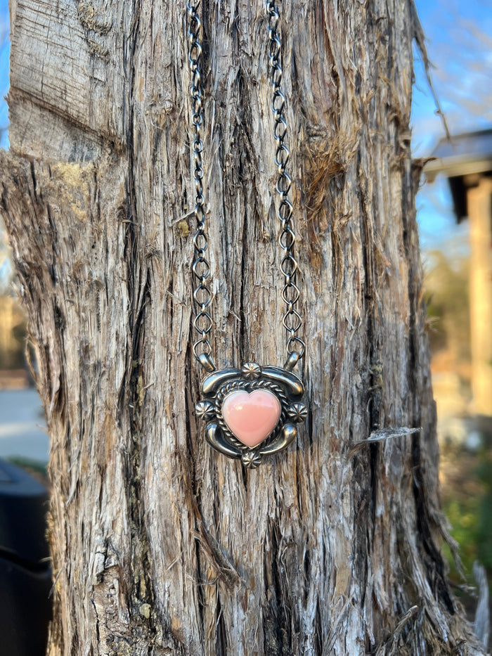 Native Made Queen Pink Conch Heart Necklace with Beautiful Stamping by JJJ