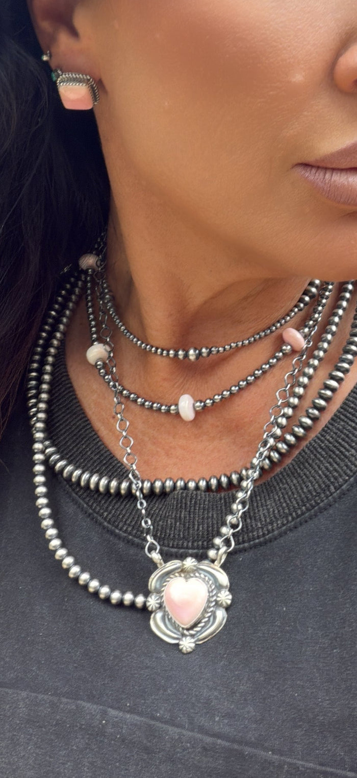 Native Made Queen Pink Conch Heart Necklace with Beautiful Stamping by JJJ