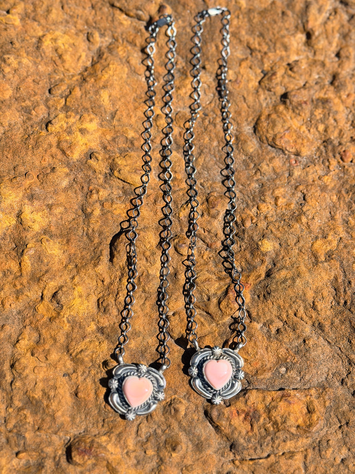 Native Made Queen Pink Conch Heart Necklace with Beautiful Stamping by JJJ