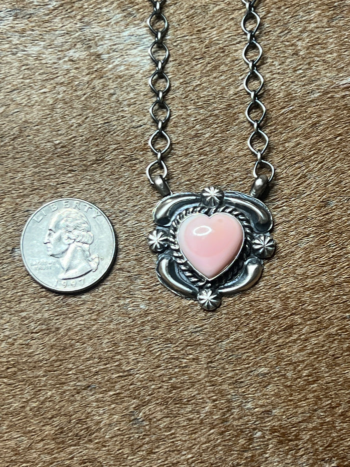 Native Made Queen Pink Conch Heart Necklace with Beautiful Stamping by JJJ