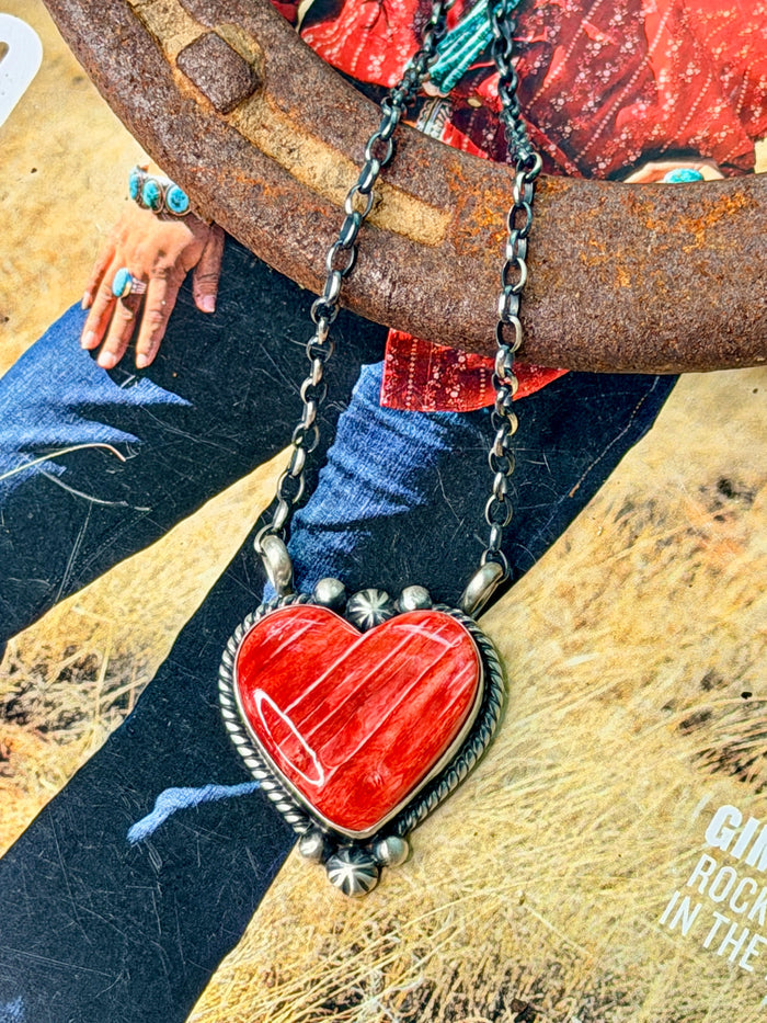 Native Made Red Spiny Heart Sterling Silver Necklace by Alfred Martinez