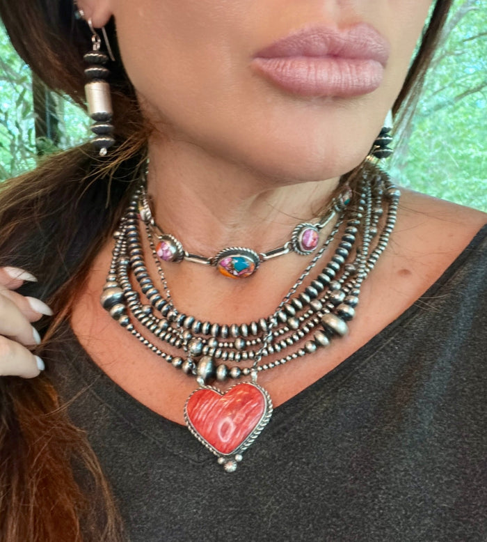 Native Made Red Spiny Heart Sterling Silver Necklace by Donovan Skeets
