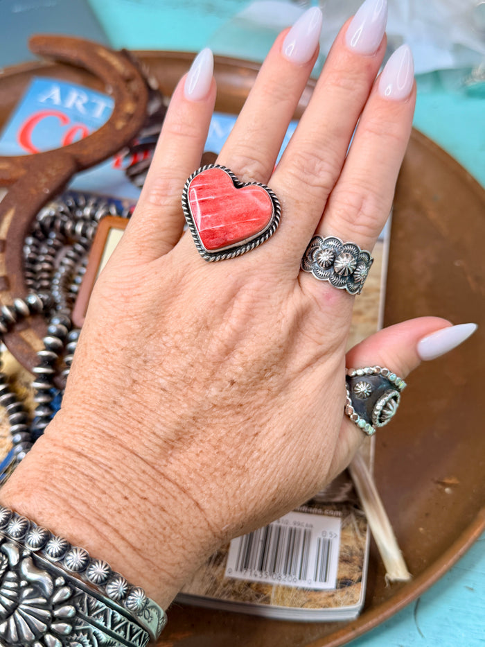 Native Made Red Spiny Large Heart Adjustable Ring stamped D