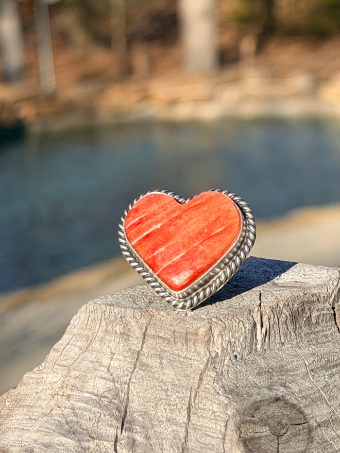 Native Made Red Spiny Large Heart Adjustable Ring stamped D