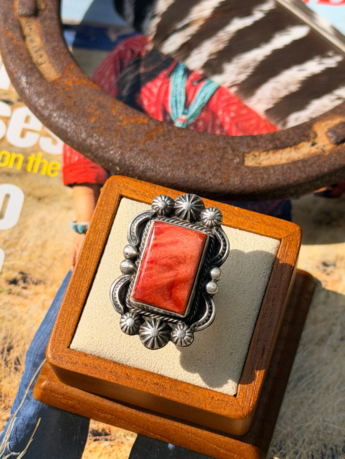 Native Made Red Spiny Oyster, Beautiful Detailed Stamping, Sterling Silver Ring by Benny Ramone Size 7
