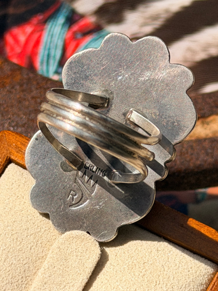 Native Made Red Spiny Oyster, Beautiful Detailed Stamping, Sterling Silver Ring by Benny Ramone Size 7