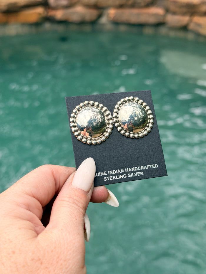 Native Made Silver Dome Earrings with Rope Design