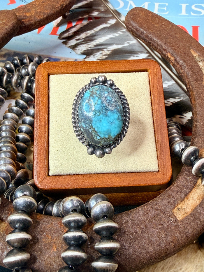 Native Made Spider Web Turquoise Ring By Charlie Yazzie, Size 7