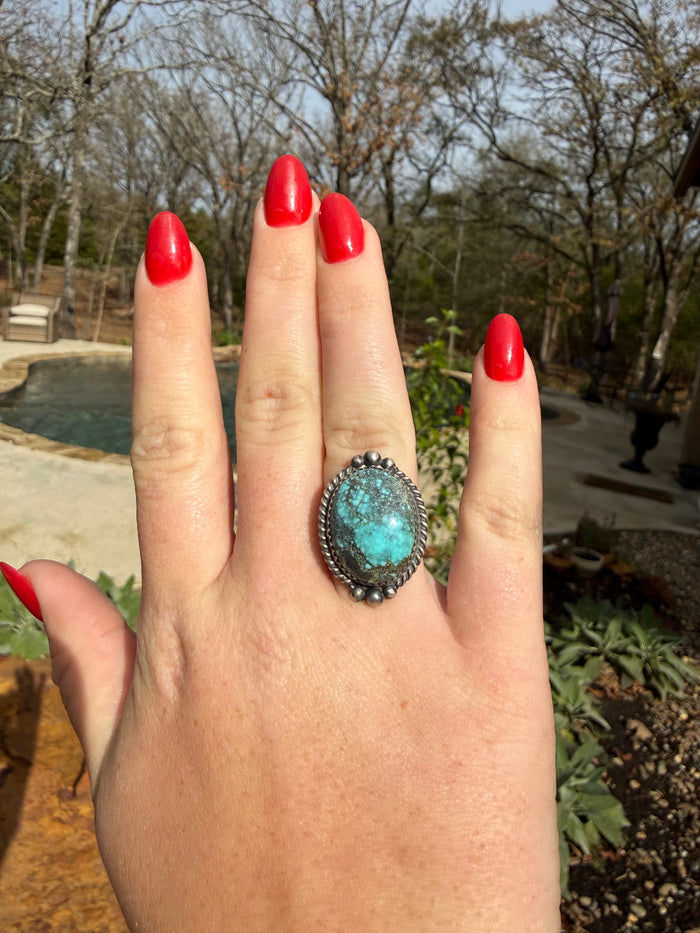 Native Made Spider Web Turquoise Ring By Charlie Yazzie, Size 7