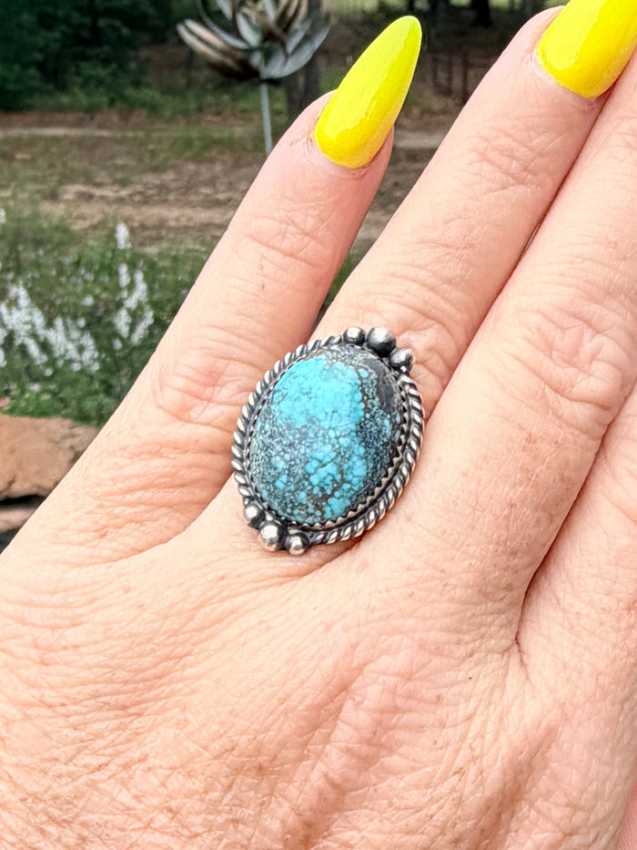 Native Made Spider Web Turquoise Ring By Charlie Yazzie, Size 7