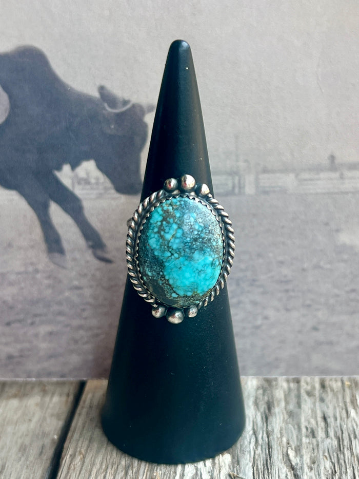 Native Made Spider Web Turquoise Ring By Charlie Yazzie, Size 7