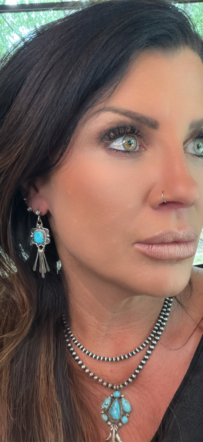 Native Made Square Kingman Turquoise with Concho Post Earrings by Delgarito