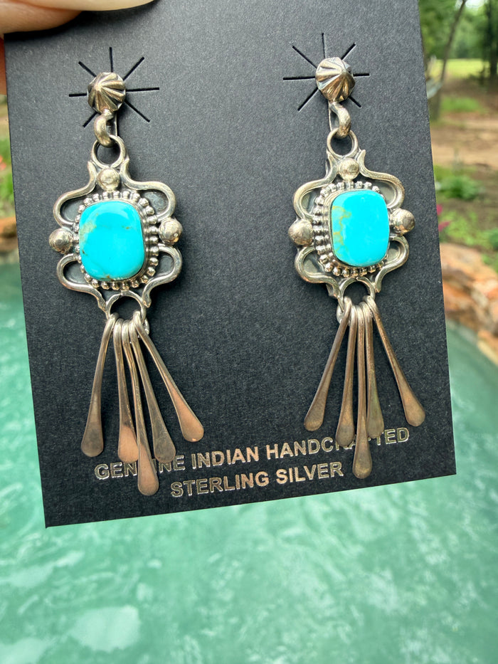 Native Made Square Kingman Turquoise with Concho Post Earrings by Delgarito