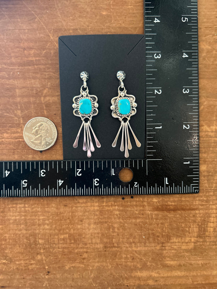 Native Made Square Kingman Turquoise with Concho Post Earrings by Delgarito