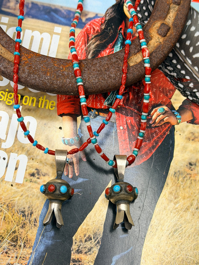 Native Made Squash Blossom Pendant on Beaded Necklace by Monica Smith