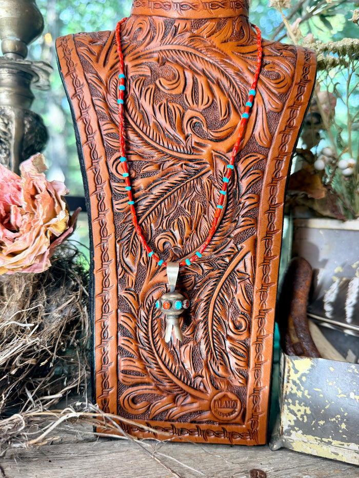 Native Made Squash Blossom Pendant on Beaded Necklace by Monica Smith